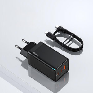 Kit Carregador Baseus 65W GaN5 Pro 3 Portas + Cabo USB C - Preto