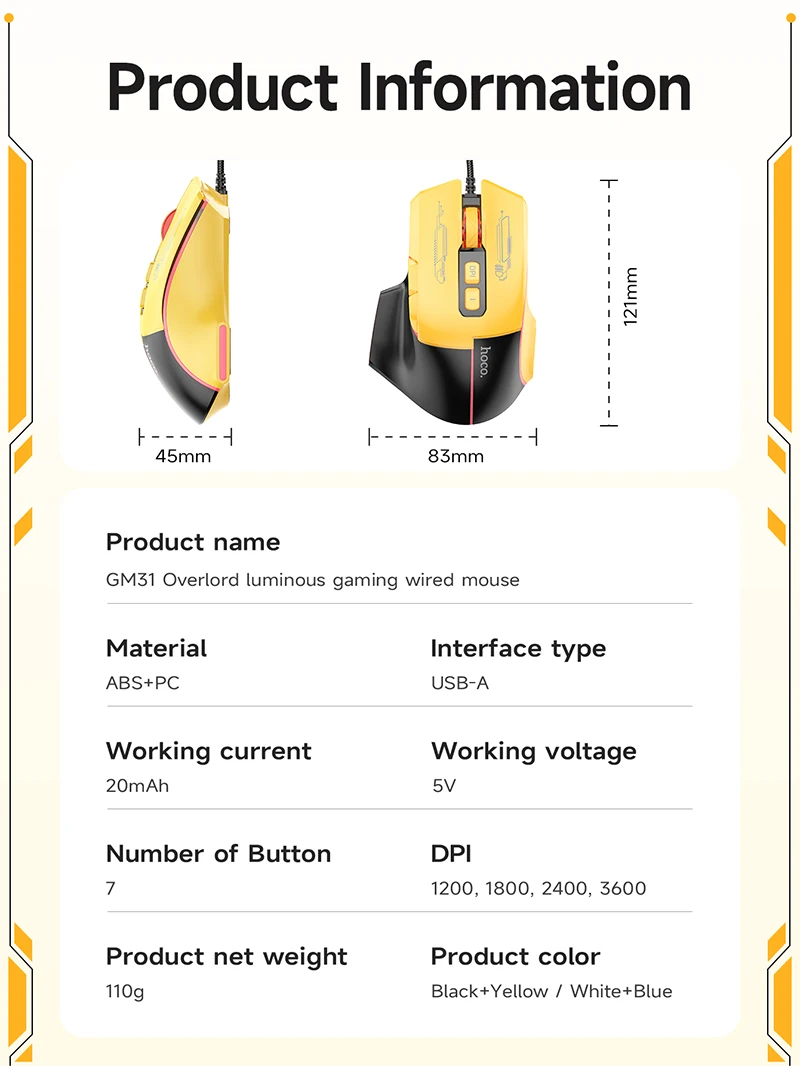 HOCO GM31 Mouse Gamer com Fio 3600 DPI com 7 Botões e LED - Imagem 14