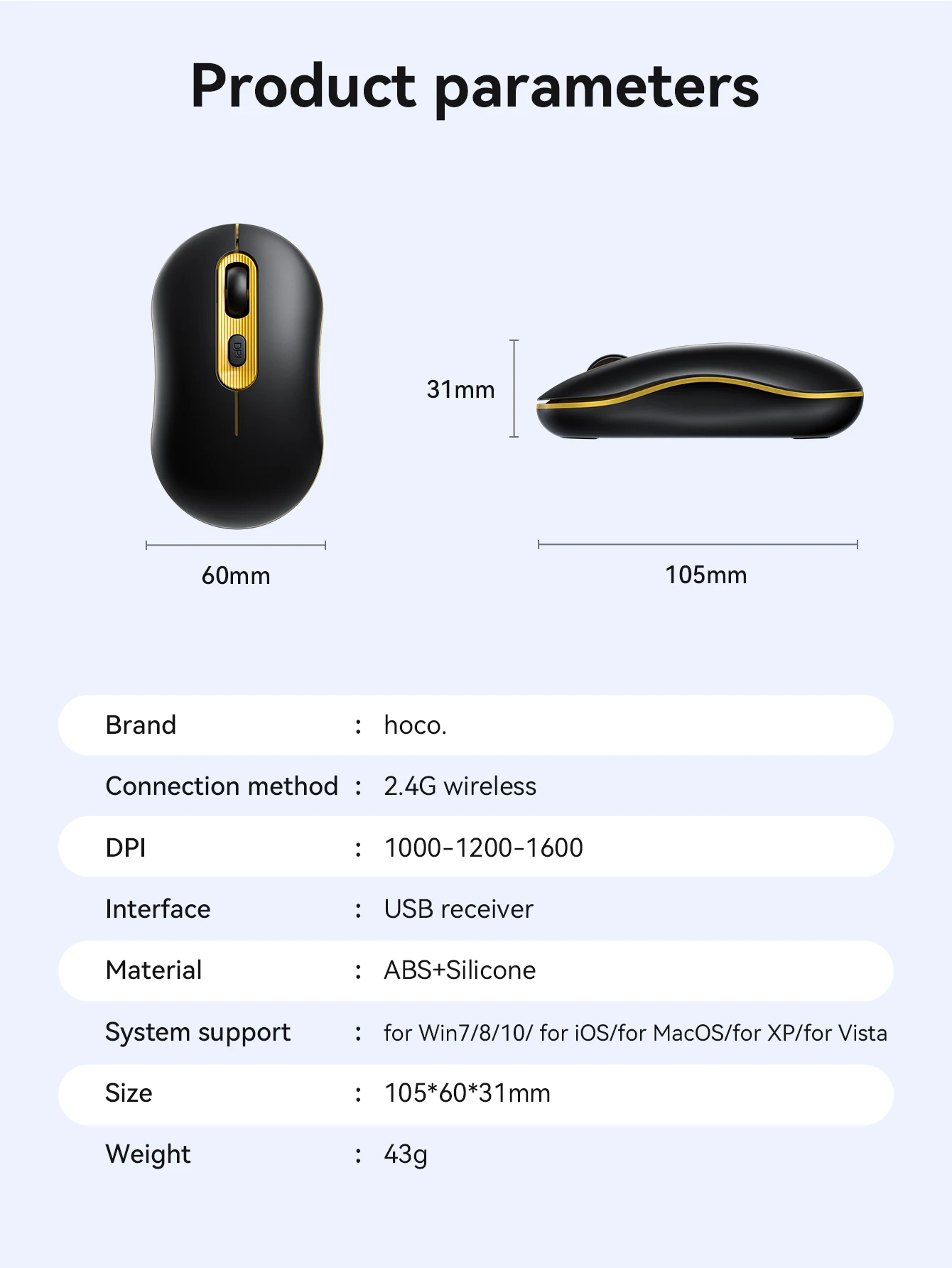 HOCO GM21 Mouse Sem Fio 2.4G 1600 DPI Silencioso e Ergonômico - Imagem 14