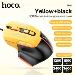 HOCO GM31 Mouse Gamer com Fio 3600 DPI com 7 Botões e LED - Amarelo e Preto