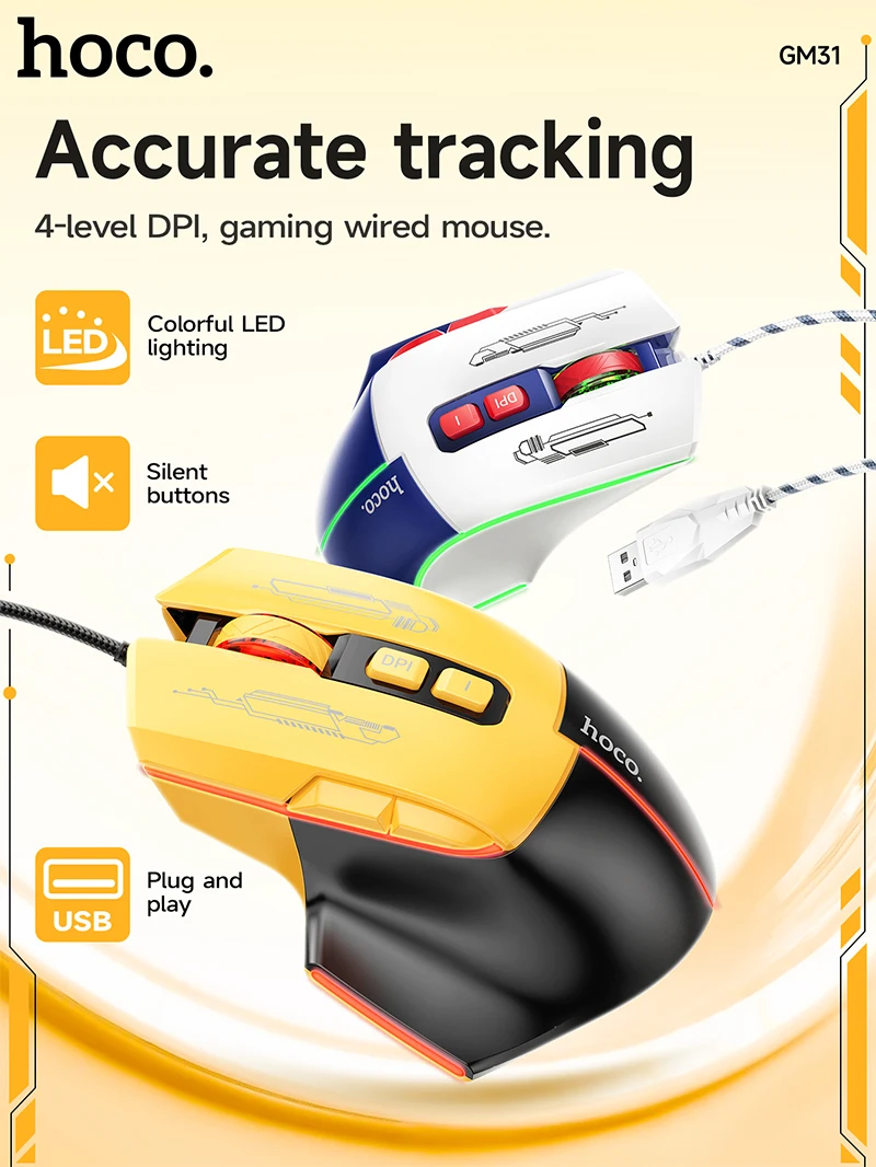 HOCO GM31 Mouse Gamer com Fio 3600 DPI com 7 Botões e LED - Imagem 7