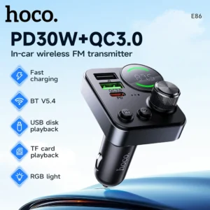 HOCO E86 48W Transmissor FM Veicular Bluetooth 5.4 com PD 30W e QC3.0