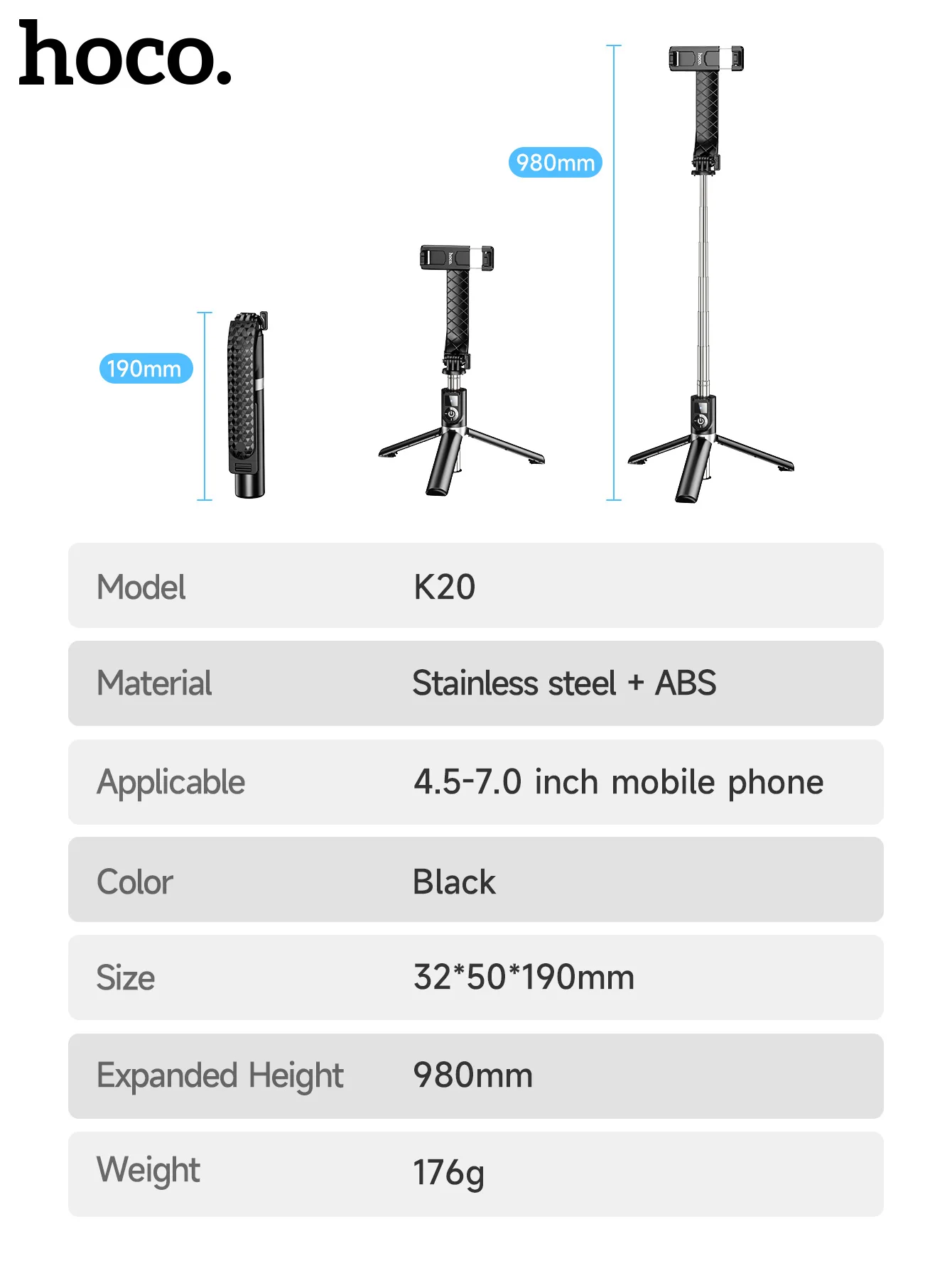 HOCO K20 Tripé Selfie Portátil para Viagem com Controle Remoto - Imagem 17