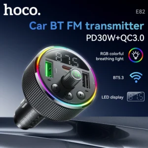 HOCO E82 48W Transmissor FM Veicular Bluetooth 5.3 com PD 30W e QC3.0