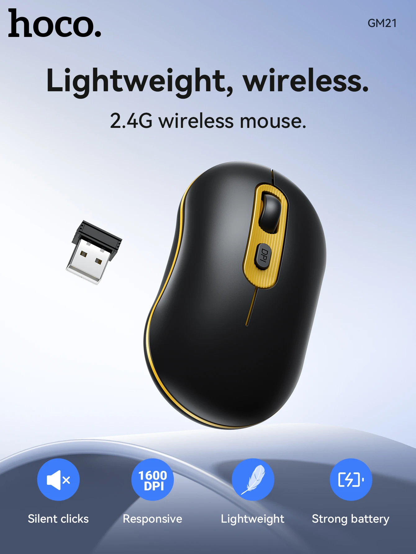 HOCO GM21 Mouse Sem Fio 2.4G 1600 DPI Silencioso e Ergonômico - Imagem 7