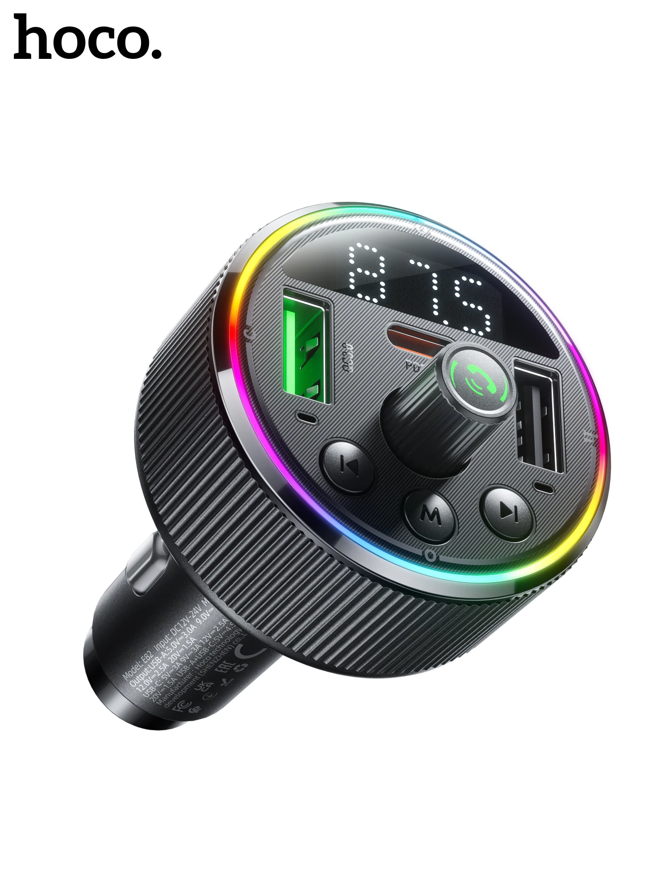 HOCO E82 48W Transmissor FM Veicular Bluetooth 5.3 com PD 30W e QC3.0 - Preto