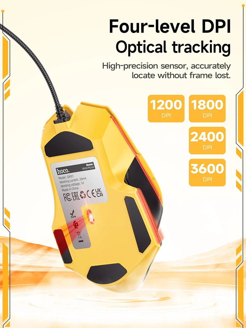 HOCO GM31 Mouse Gamer com Fio 3600 DPI com 7 Botões e LED - Imagem 10