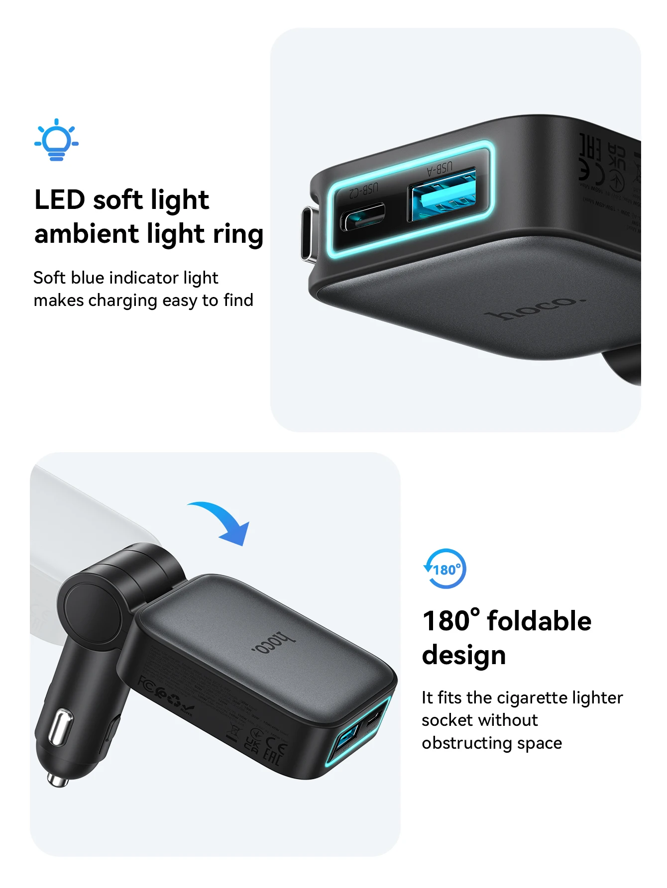 Carregador Veicular HOCO Z67 60W com Cabo USB-C Retrátil - Imagem 3