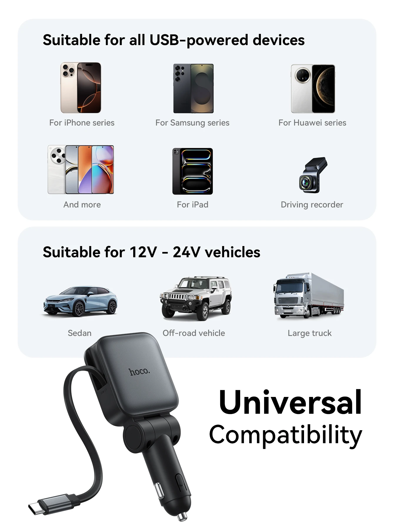 Carregador Veicular HOCO Z67 60W com Cabo USB-C Retrátil - Imagem 4