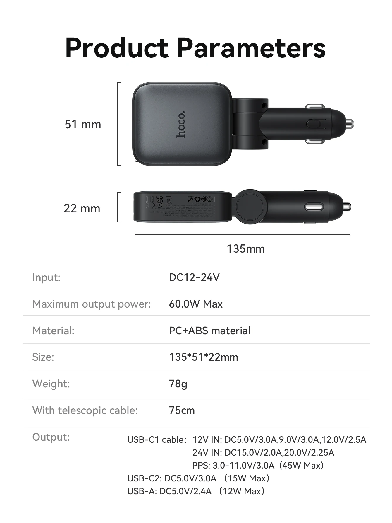 Carregador Veicular HOCO Z67 60W com Cabo USB-C Retrátil - Imagem 6