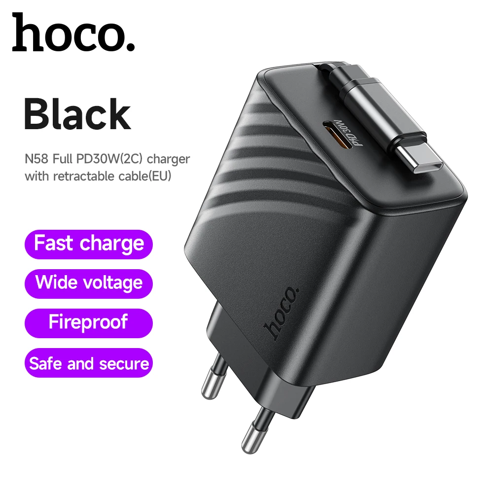 Carregador USB-C GaN 30W HOCO N58 com Cabo Retrátil - Tipo de plugue: EU Black