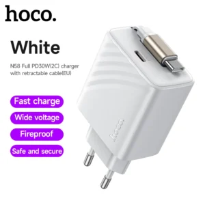 Carregador USB-C GaN 30W HOCO N58 com Cabo Retrátil - Tipo de plugue: EU White