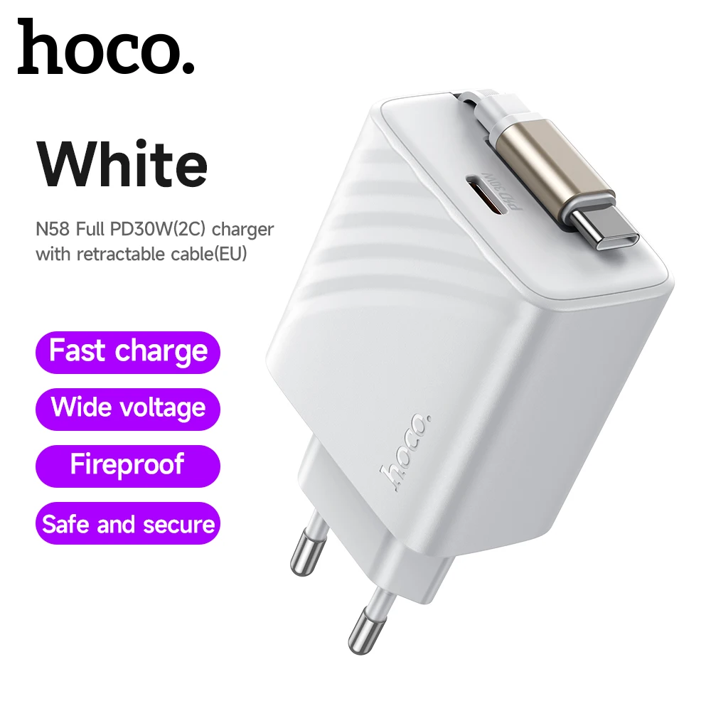 Carregador USB-C GaN 30W HOCO N58 com Cabo Retrátil - Tipo de plugue: EU White