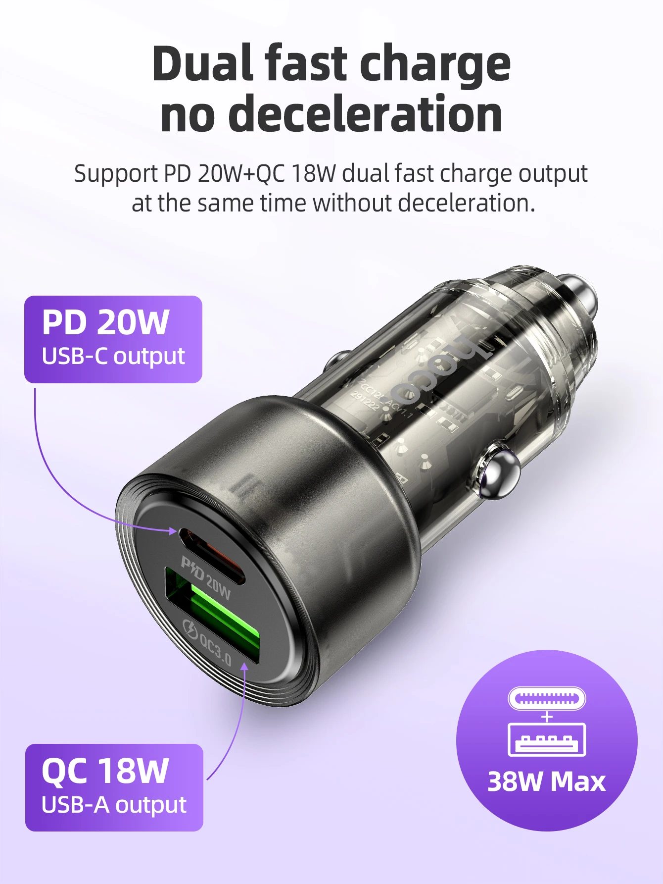 Carregador Veicular Transparente HOCO Z52 38W PD + QC 3.0 - Imagem 8