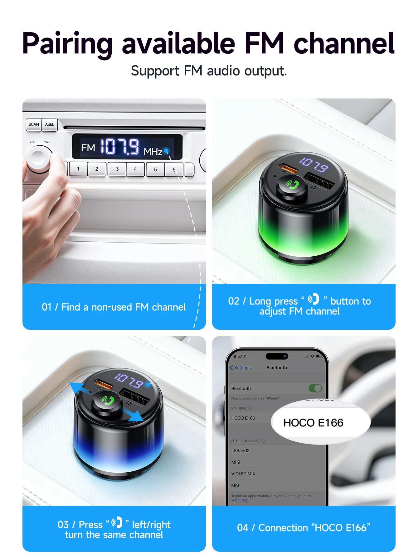Transmissor FM HOCO E166 Bluetooth 6.0 com PD 30W e QC 3.0 - Imagem 12