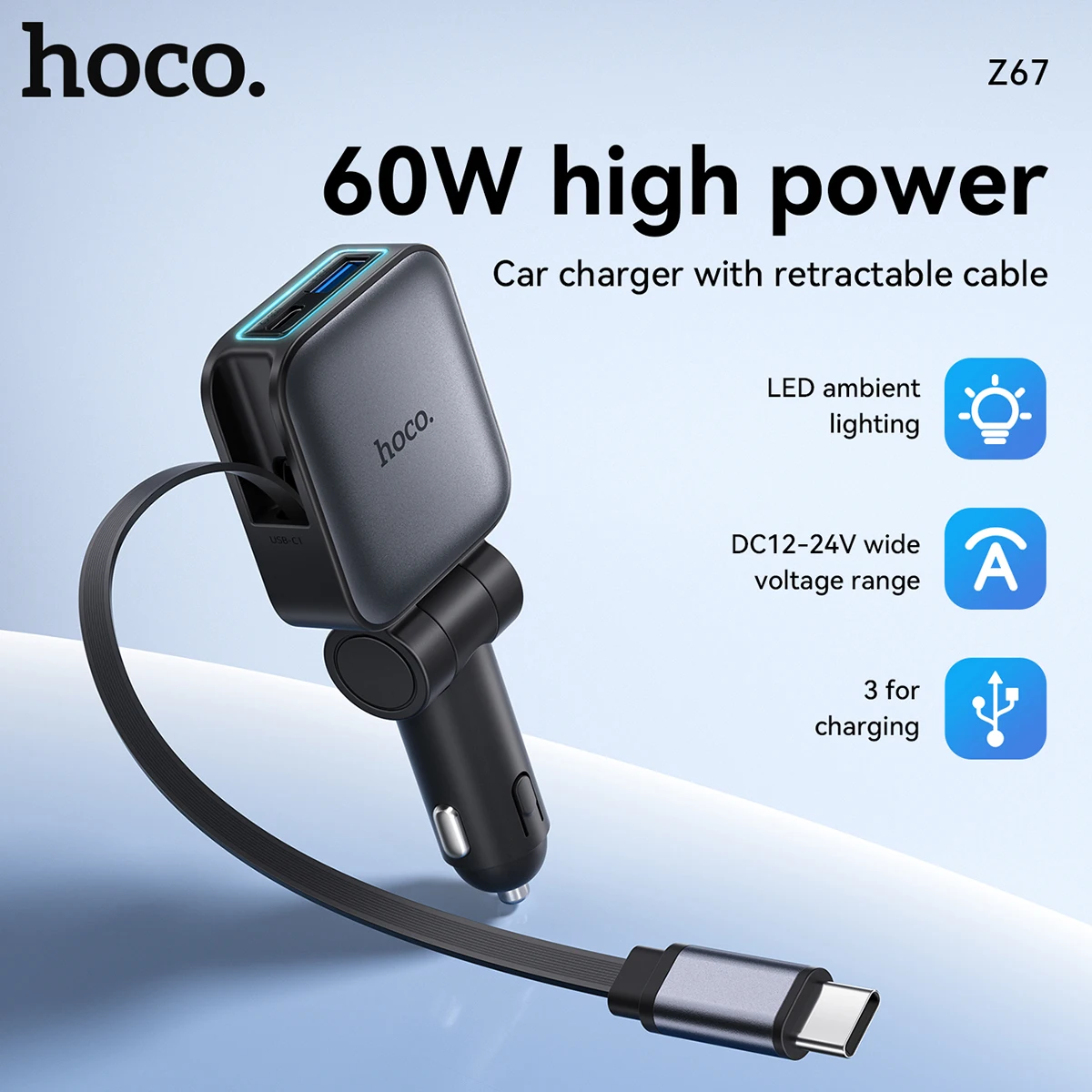 Carregador Veicular HOCO Z67 60W com Cabo USB-C Retrátil - Imagem 7
