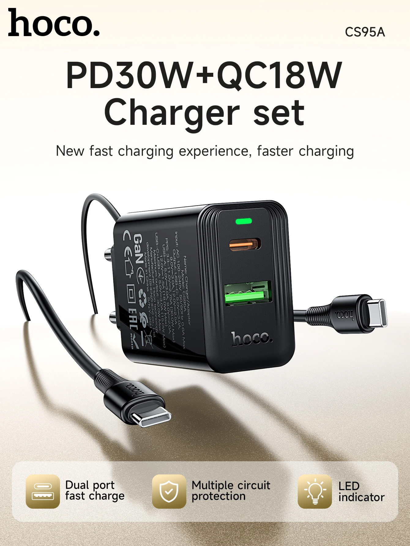 Kit Carregador Turbo HOCO CS95A GaN 30W com Cabo USB-C - Imagem 4