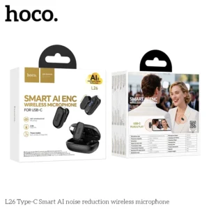 Microfone de Lapela Sem Fio HOCO L26 com Redução de Ruído por IA - Plugue tipo C preto