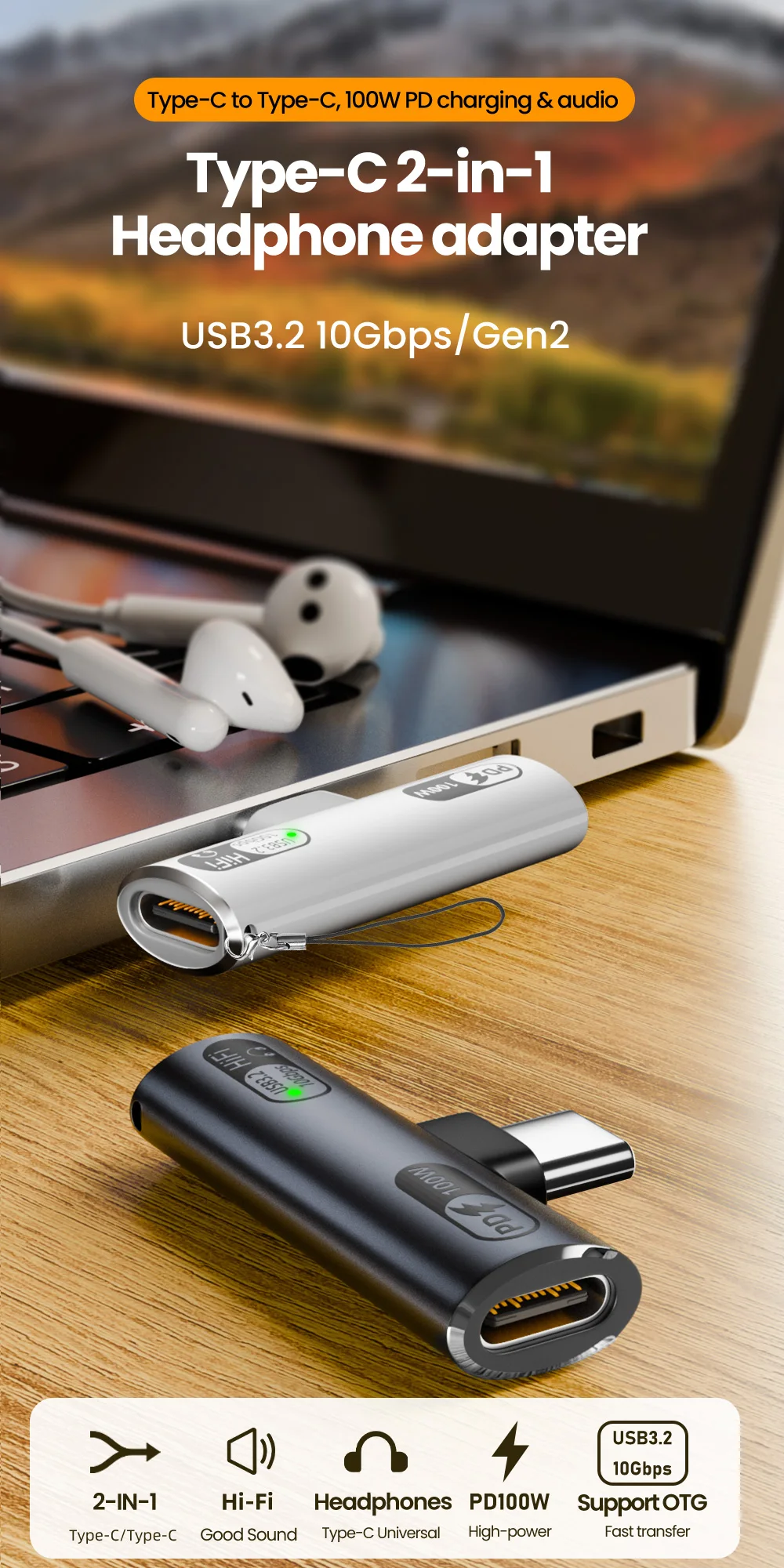 Adaptador USB-C OLAF 2 em 1 Áudio e Carregamento 100W - Imagem 7