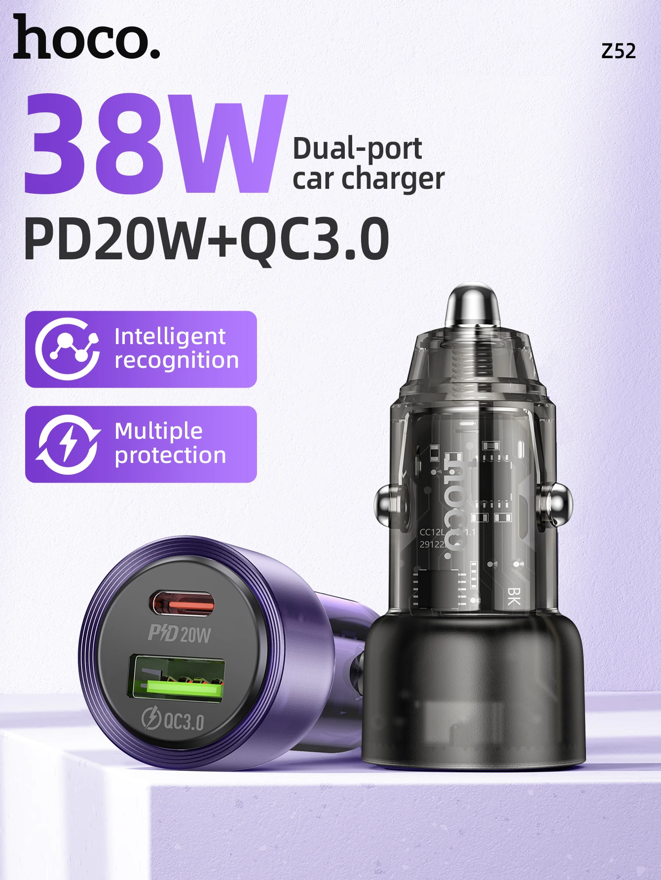 Carregador Veicular Transparente HOCO Z52 38W PD + QC 3.0 - Imagem 7