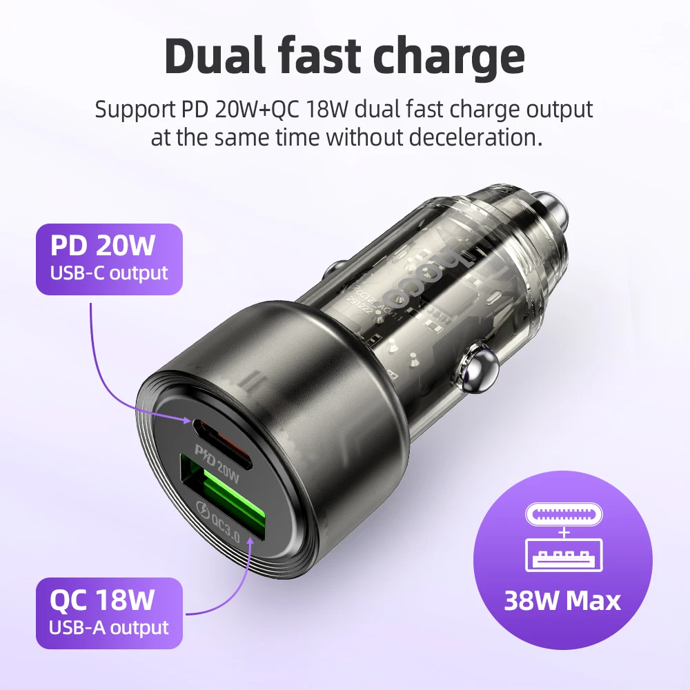 Carregador Veicular Transparente HOCO Z52 38W PD + QC 3.0 - Imagem 2