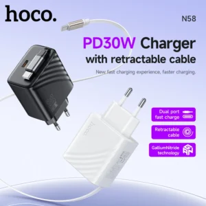 Carregador USB-C GaN 30W HOCO N58 com Cabo Retrátil