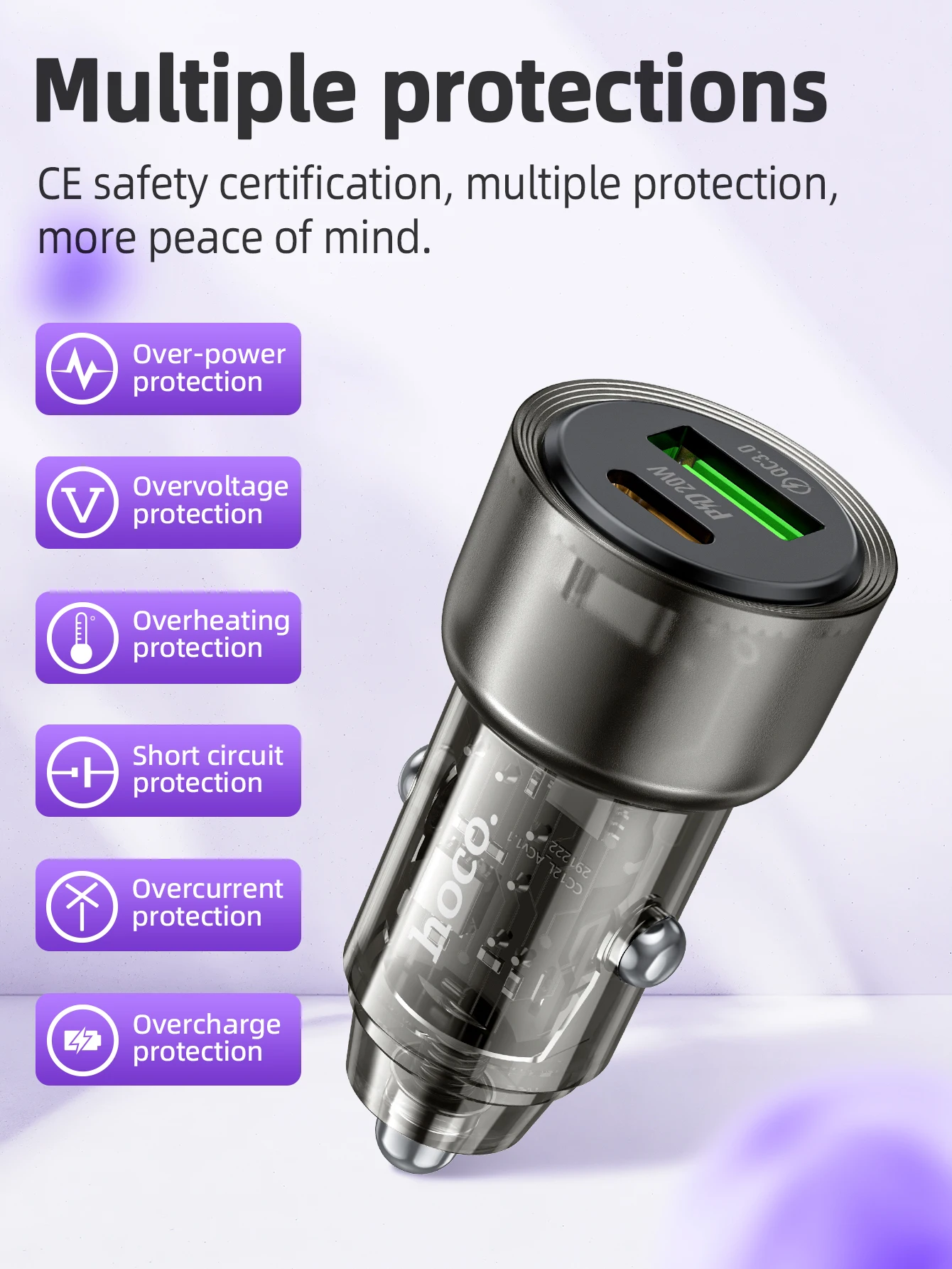 Carregador Veicular Transparente HOCO Z52 38W PD + QC 3.0 - Imagem 11