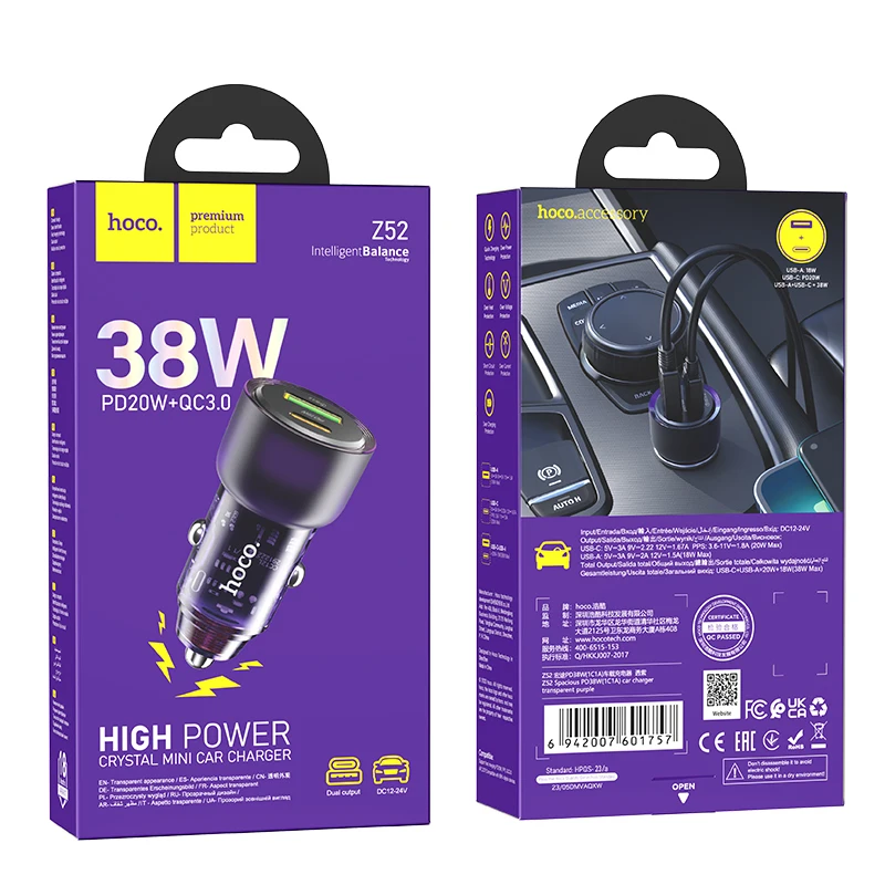 Carregador Veicular Transparente HOCO Z52 38W PD + QC 3.0 - Imagem 6
