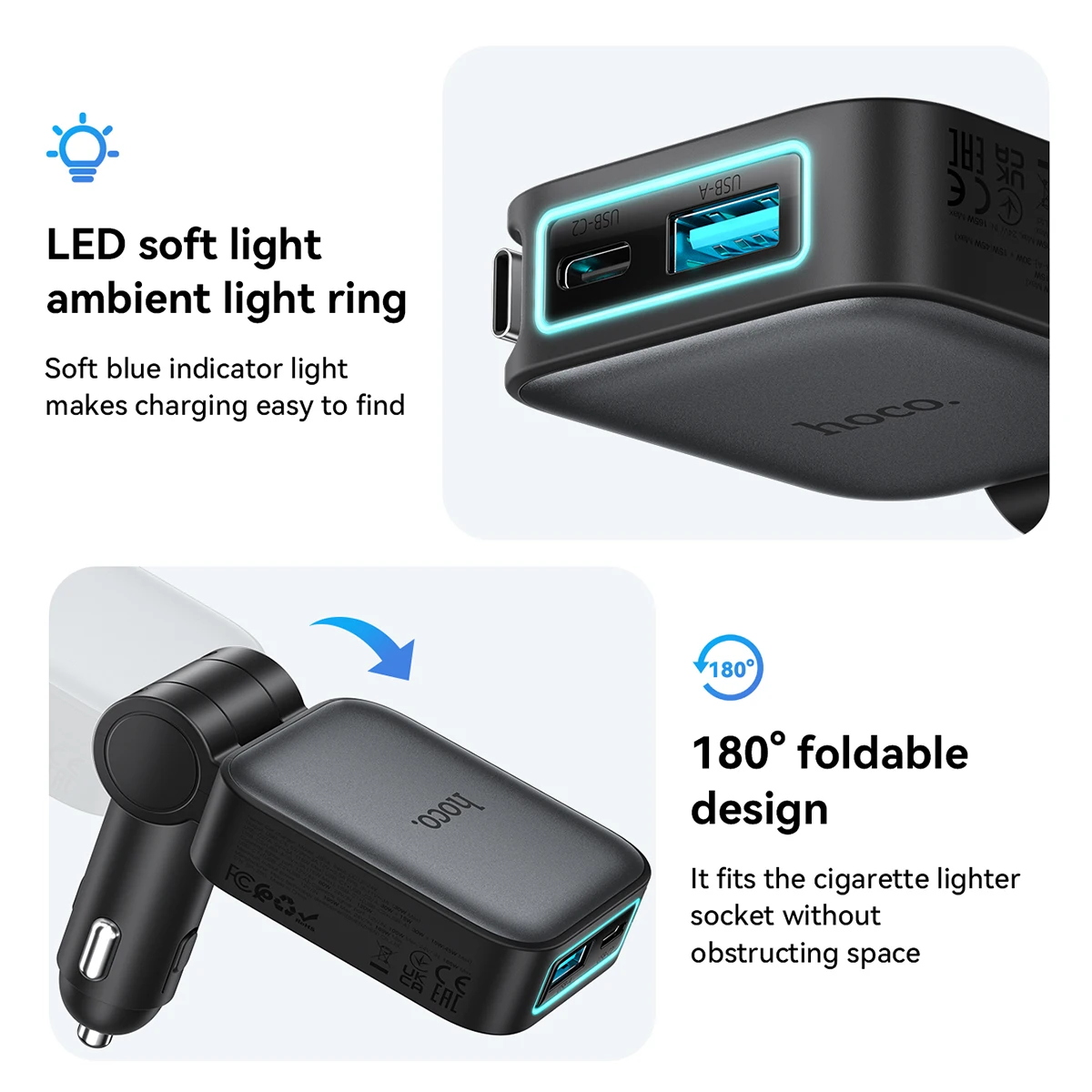 Carregador Veicular HOCO Z67 60W com Cabo USB-C Retrátil - Imagem 11