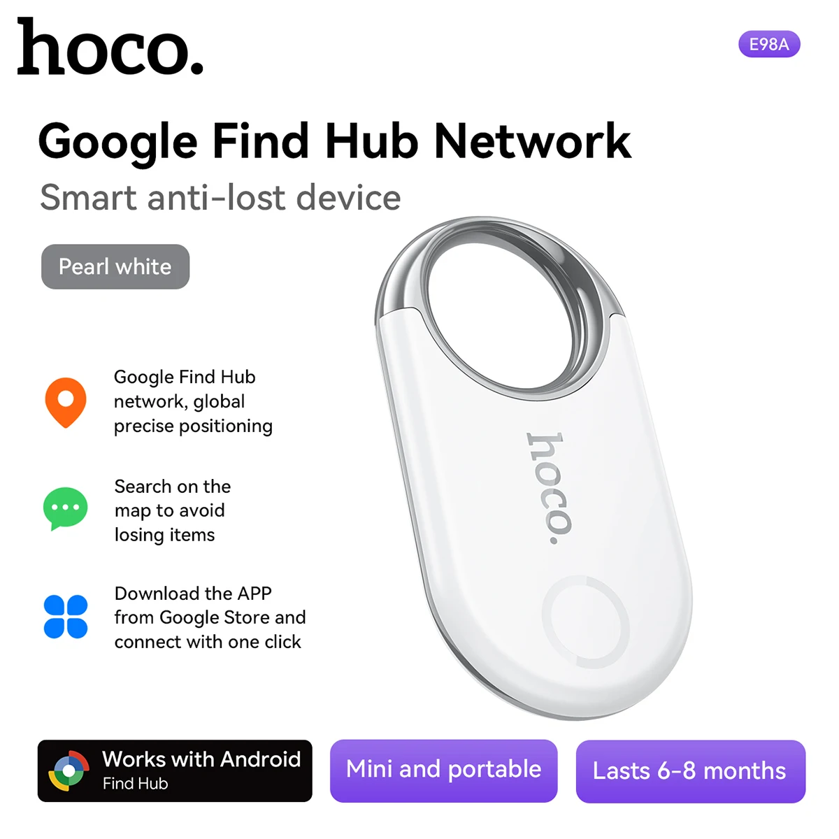 Rastreador Inteligente HOCO E98A Compatível com Google Find My Device - BRANCO