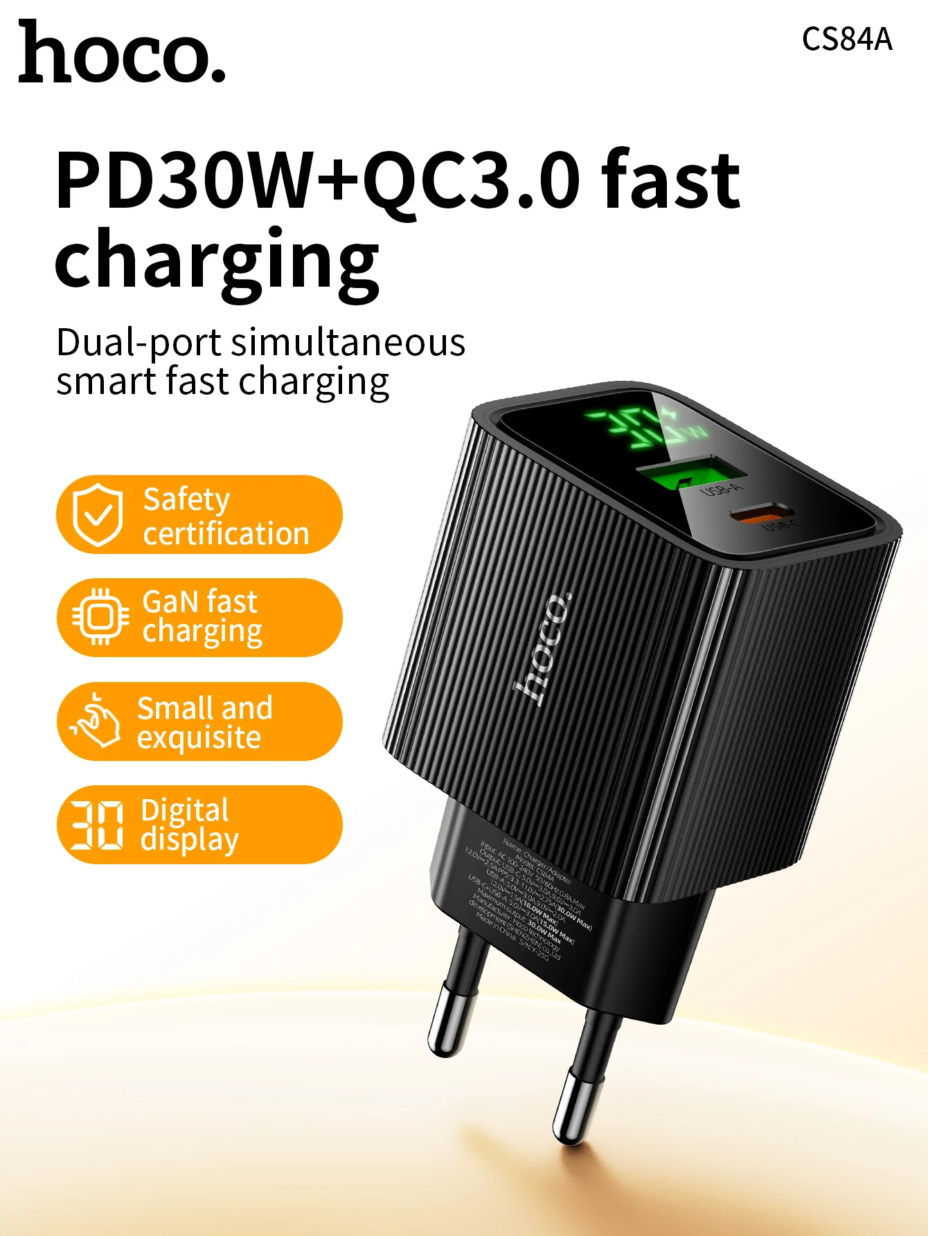 Carregador GaN 30W HOCO CS84A com Display Digital - Imagem 7