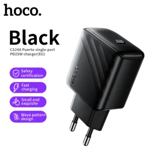 Carregador HOCO CS24A USB-C PD25W com Carregamento Rápido - Tipo de plugue: EU Black