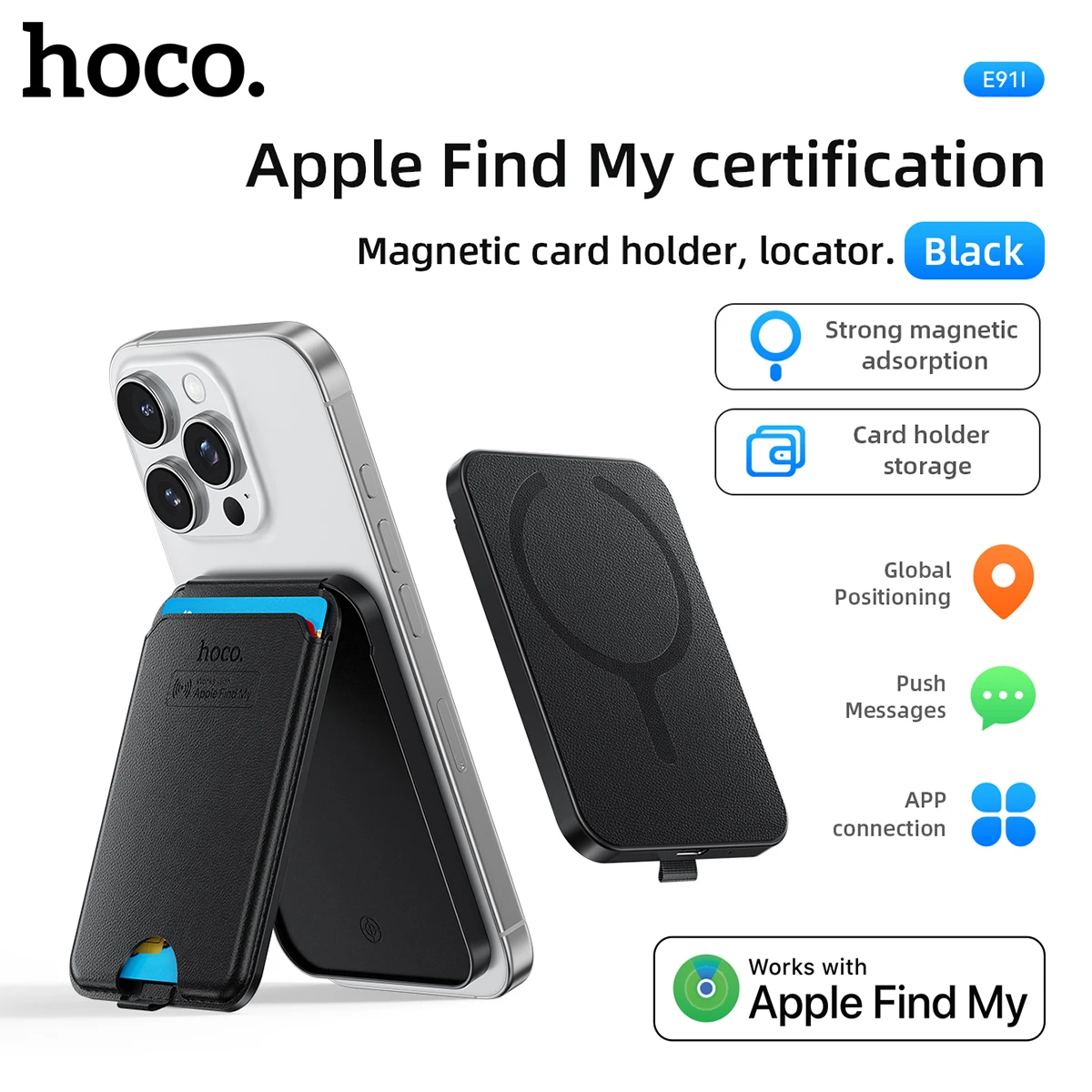 Carteira Magnética com Rastreador HOCO E91I (Apple Find My) - Preto