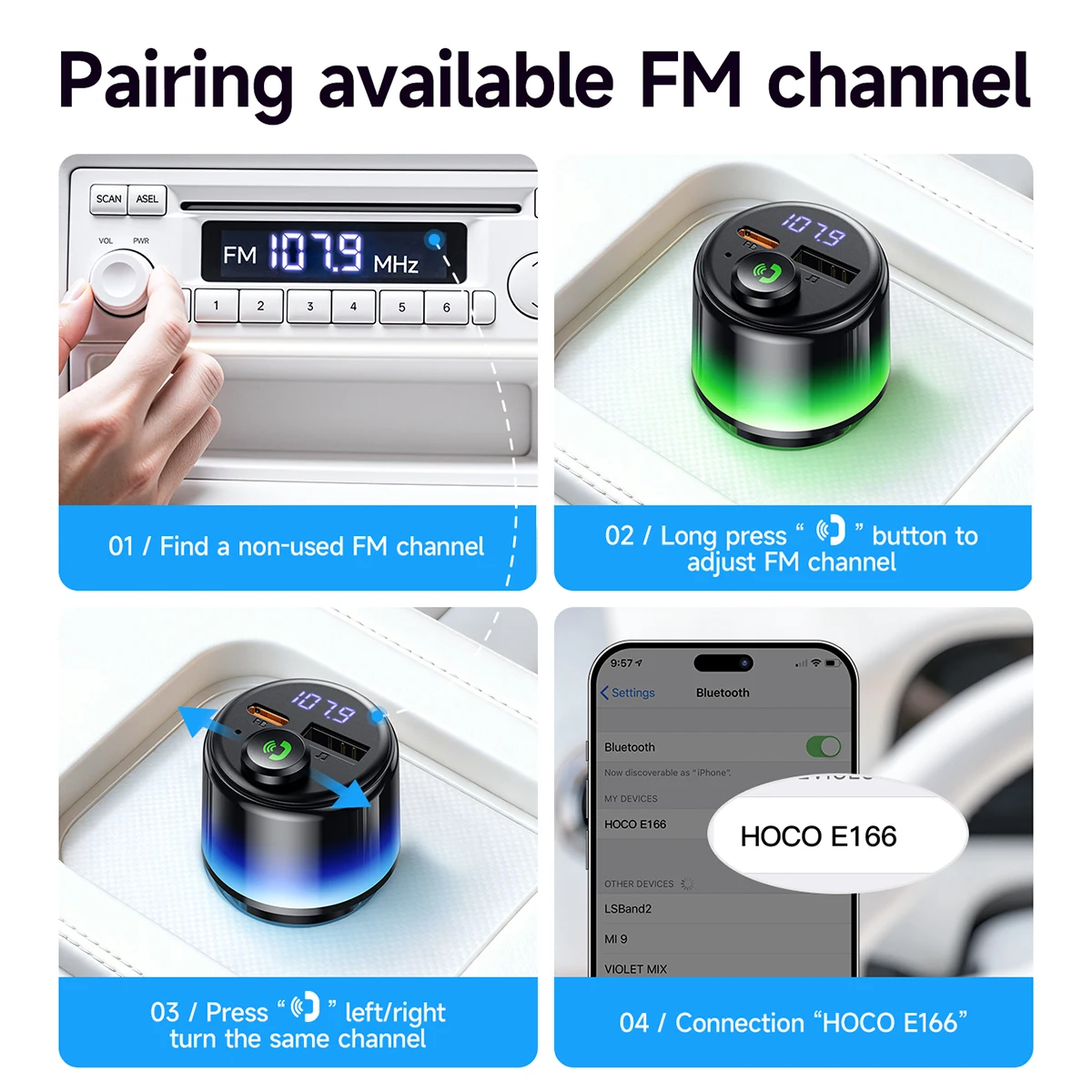 Transmissor FM HOCO E166 Bluetooth 6.0 com PD 30W e QC 3.0 - Imagem 5
