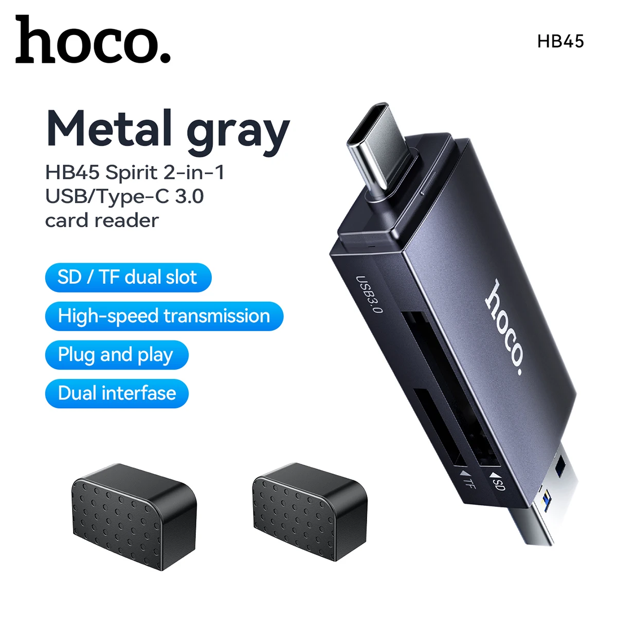 Leitor de Cartão 2 em 1 HOCO HB45 USB-A e USB-C 3.0 - Cinza Metal