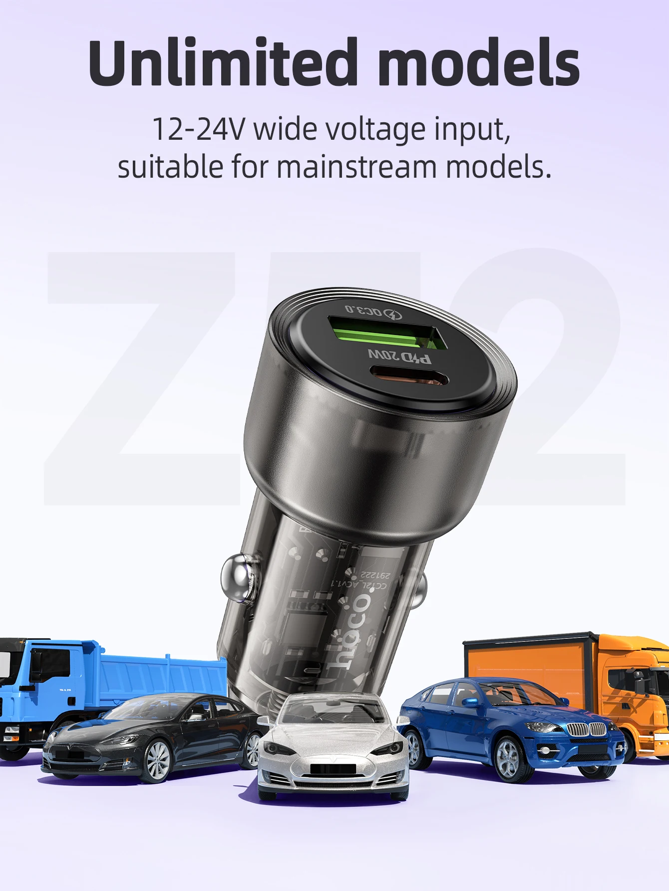 Carregador Veicular Transparente HOCO Z52 38W PD + QC 3.0 - Imagem 13
