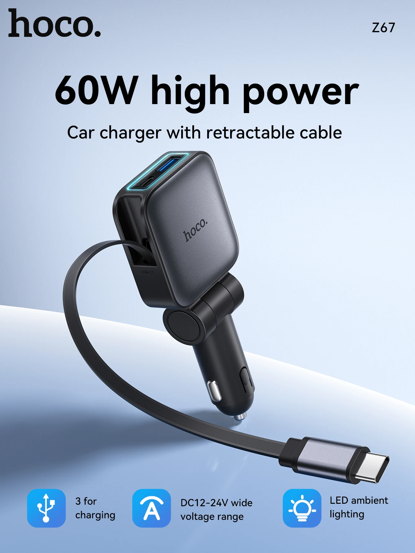 Carregador Veicular HOCO Z67 60W com Cabo USB-C Retrátil - Imagem 13