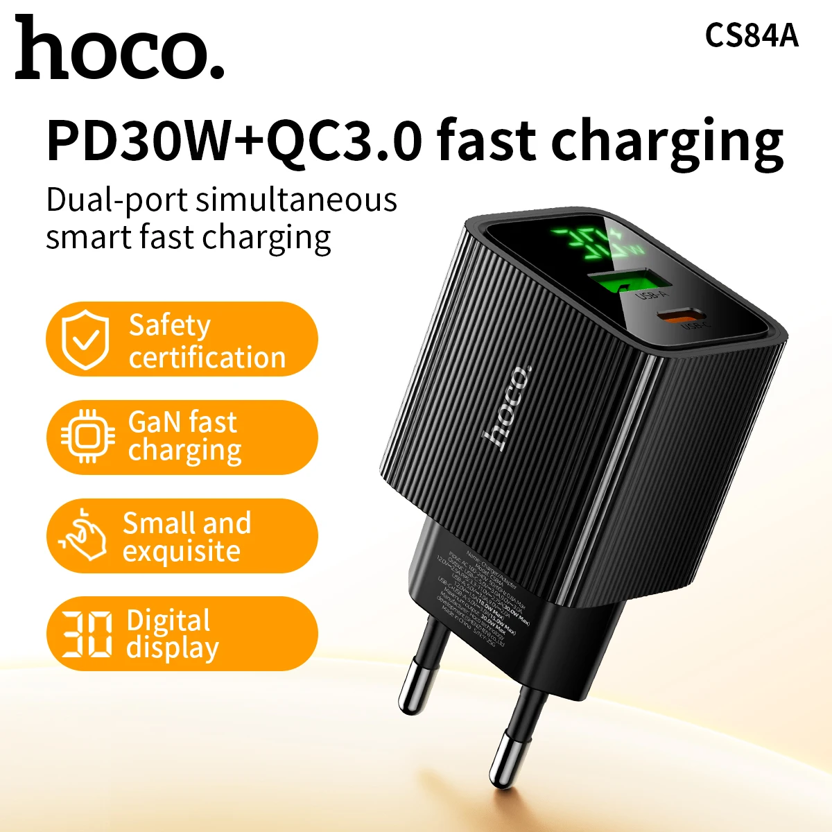 Carregador GaN 30W HOCO CS84A com Display Digital