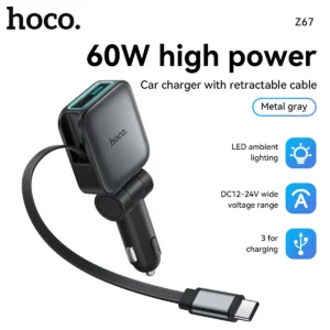 Carregador Veicular HOCO Z67 60W com Cabo USB-C Retrátil - Tipo de plugue: Preto