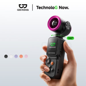 Ventilador portátil GOOJODOQ GFS025 com gimbal 180° na mão, com as 5 cores disponíveis