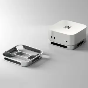 Mac mini M4 ao lado da base de alumínio para refrigeração