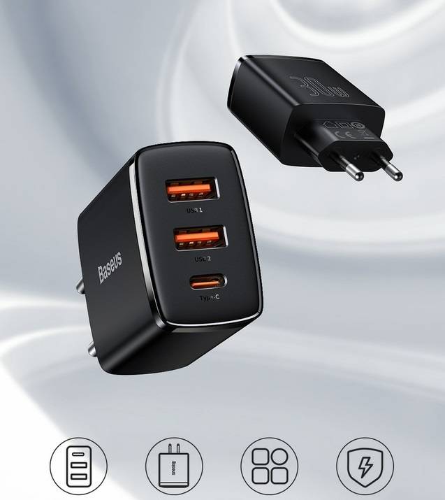 Carregador 30W USB QC3.0 PD3.0 Tipo C 3 portas Baseus