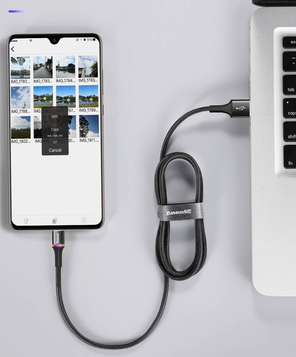 Cabo USB Tipo C 3A LED Colorido Baseus