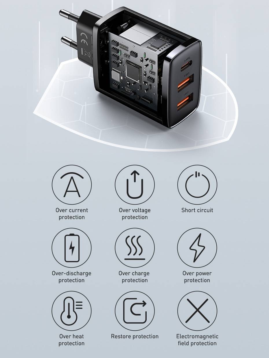 Carregador 30W USB QC3.0 PD3.0 Tipo C 3 portas Baseus