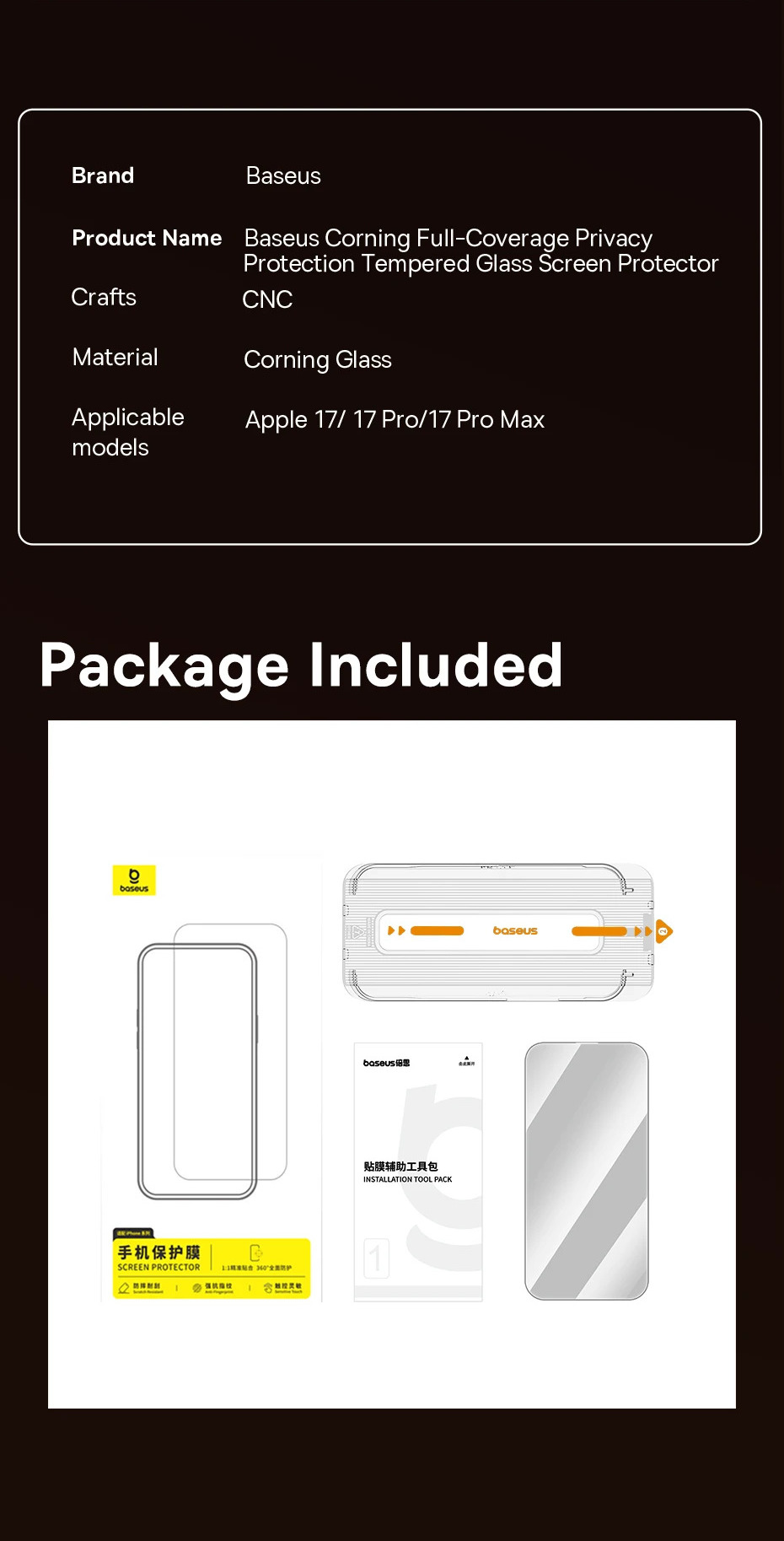 Ficha Técnica – Película de Vidro Temperado Baseus Corning Anti-Espionagem para iPhone…