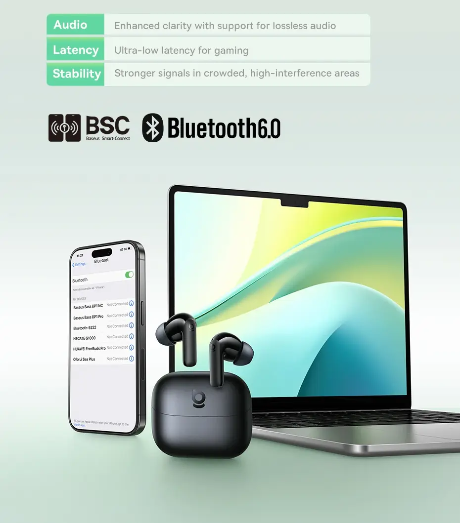Bluetooth 6.0 com Conexão Estável – Fone de Ouvido Bluetooth 6.0 Baseus BP1 Pro