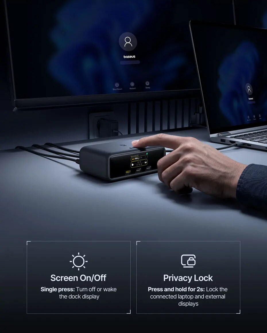 Privacidade com Um Botão – Hub Baseus SpaceMate RD1 Mini 10 em 1 HDMI Duplo 4K PD 100W RJ45
