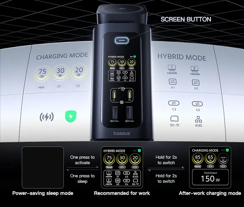 Painel Touch Inteligente – Docking Station Baseus Spacemate RD1 Pro USB-C HDMI 4K RJ45 Qi2.2