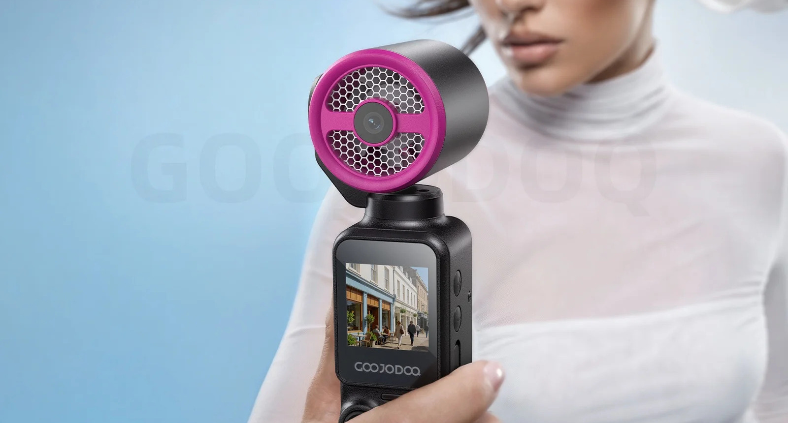 Câmera e Ventilador Portátil 2 em 1 GOOJODOQ GFS025 – Câmera Portátil GOOJODOQ GFS025 com Ventilador Turbo e Gimbal 180°