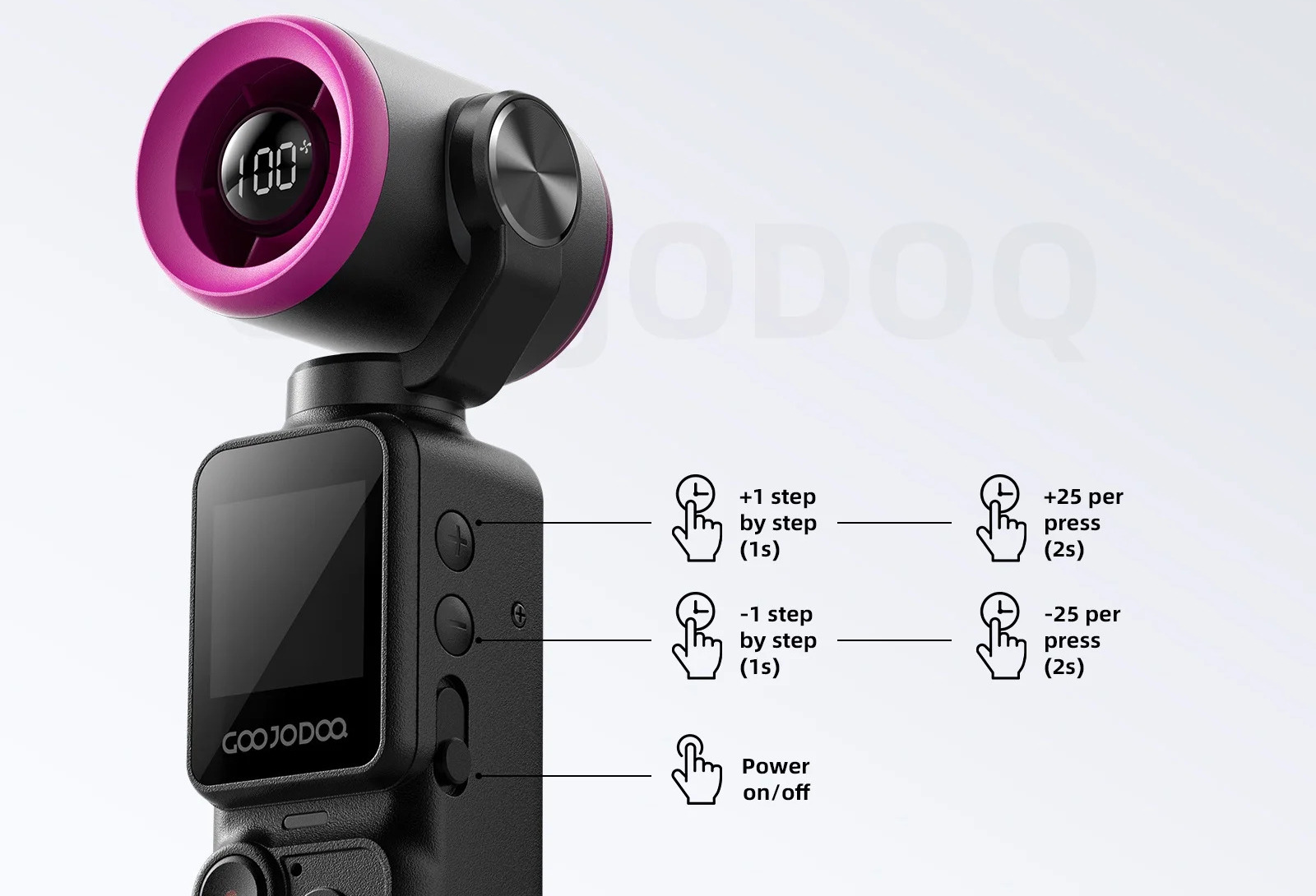 Ventilação Turbo com 100 Níveis de Velocidade – Câmera Portátil GOOJODOQ GFS025 com Ventilador Turbo e Gimbal 180°